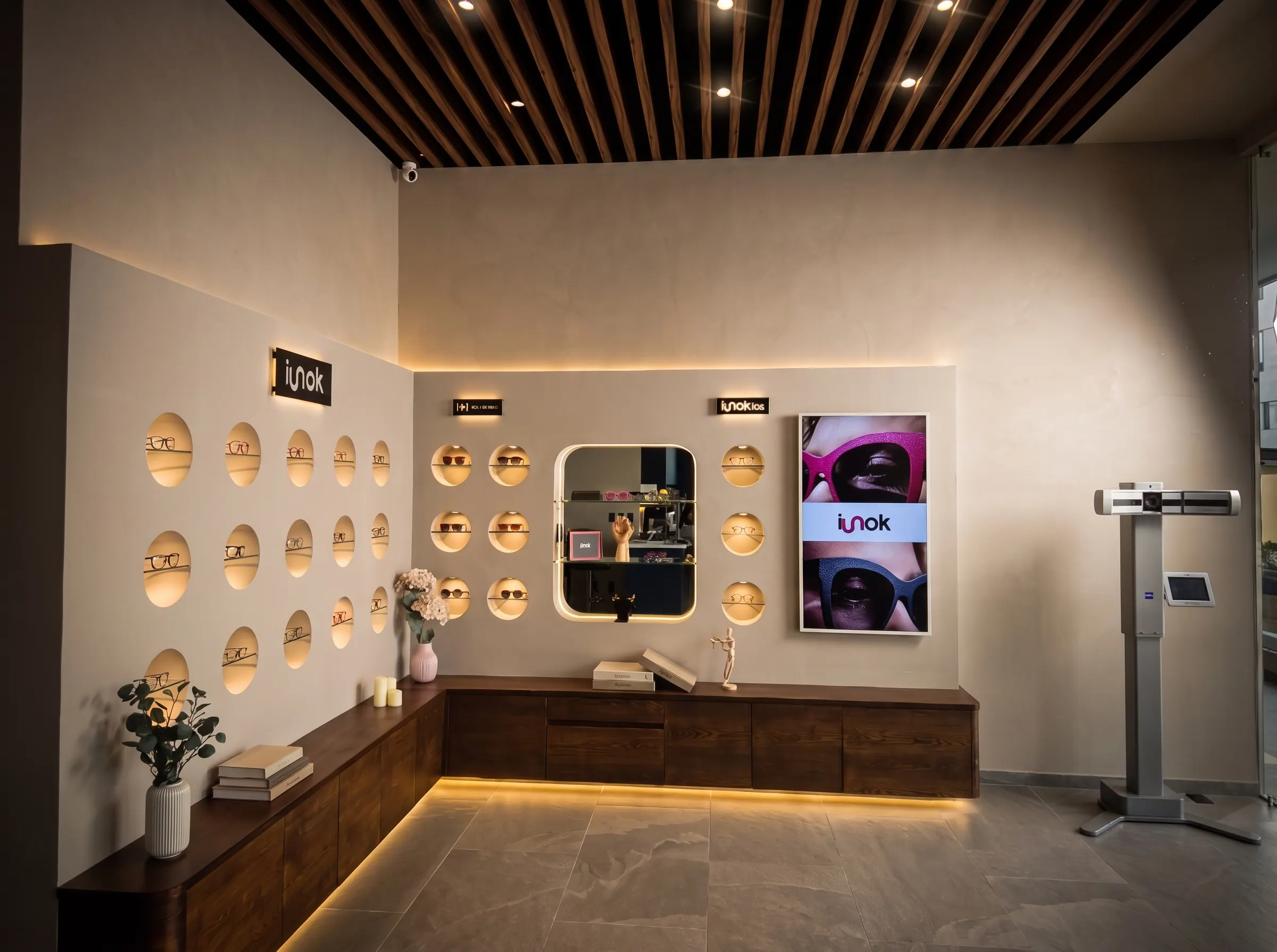 Showroom iunok en Interlomas con pared de armazones iluminados y escáner facial